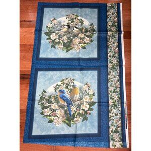 Songbird Bouquet Fabric Panel 35x45" Cotton Blue Floral Birds Cardinal Chickadee